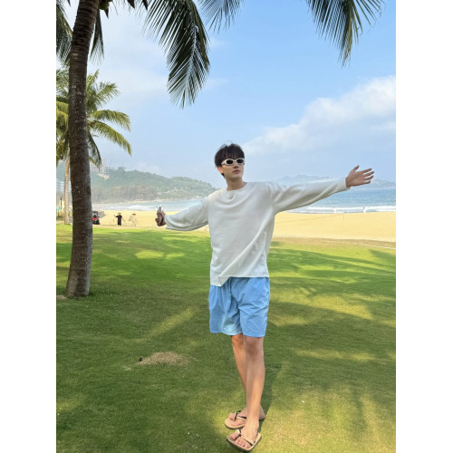 夏日多巴胺穿搭藍色尼龍速乾短褲男海邊沙灘度假休閒不過膝五分褲