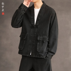 風秋冬休閒牛仔盤釦唐裝外套復古格子盤釦中山裝夾克茶服上衣