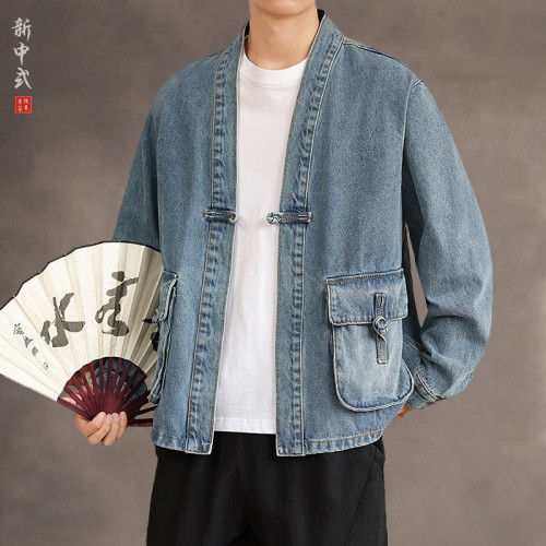 風秋冬休閒牛仔盤釦唐裝外套復古格子盤釦中山裝夾克茶服上衣