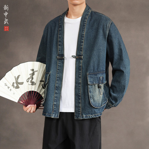 風秋冬休閒牛仔盤釦唐裝外套復古格子盤釦中山裝夾克茶服上衣