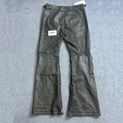 美式vibe風重磅黑色塗層刷蠟機車盔甲拼接褶皺廓形微喇叭牛仔褲男