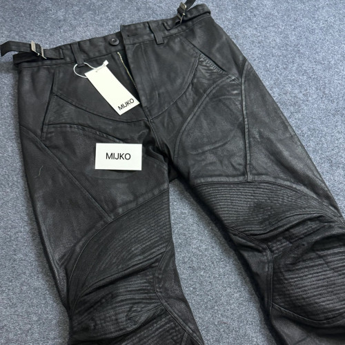 美式vibe風重磅黑色塗層刷蠟機車盔甲拼接褶皺廓形微喇叭牛仔褲男