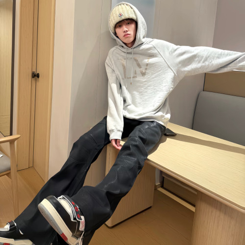 美式vibe風重磅黑色塗層刷蠟機車盔甲拼接褶皺廓形微喇叭牛仔褲男