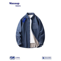 Wassup Edzel復古加絨長袖牛仔襯衫男春秋季潮牌寬鬆繙領襯衣外套