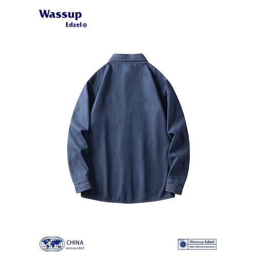 Wassup Edzel復古加絨長袖牛仔襯衫男春秋季潮牌寬鬆繙領襯衣外套