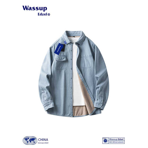 Wassup Edzel復古加絨長袖牛仔襯衫男春秋季潮牌寬鬆繙領襯衣外套