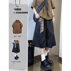 日系復古七分山本褲女男生氛圍感穿搭套裝高級感格紋腰帶濶腿短褲