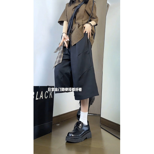 日系復古七分山本褲女男生氛圍感穿搭套裝高級感格紋腰帶濶腿短褲