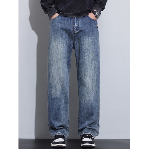 品牌剪標寬鬆直筒牛仔褲男款美式復古春秋款休閒長褲子