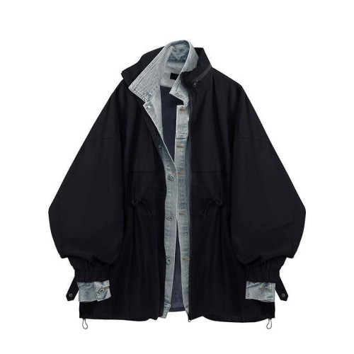 設計感連帽拼接牛仔外套男女情侶春秋韓版復古休閒風衣大碼300斤