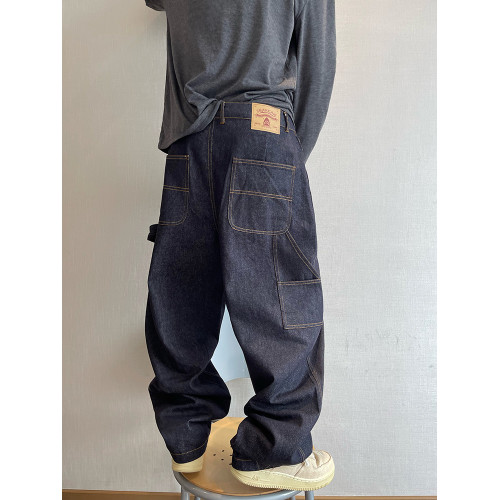 dannyandzee秋季復古百搭原牛色明線工裝彎刀牛仔褲不拖地長褲男