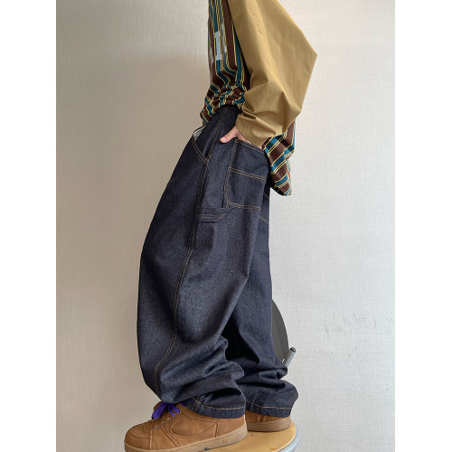 dannyandzee秋季復古百搭原牛色明線工裝彎刀牛仔褲不拖地長褲男