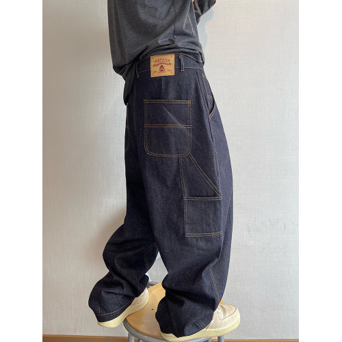 dannyandzee秋季復古百搭原牛色明線工裝彎刀牛仔褲不拖地長褲男