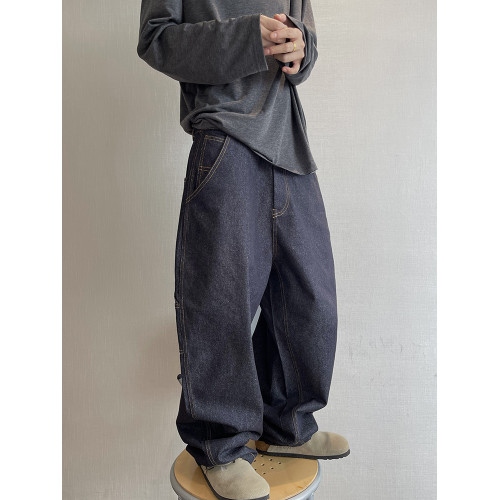 dannyandzee秋季復古百搭原牛色明線工裝彎刀牛仔褲不拖地長褲男