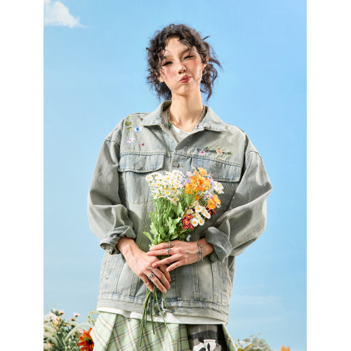 Nuthink美式復古刺綉花卉牛仔外套寬鬆bf慵懶風男女2026年春新款
