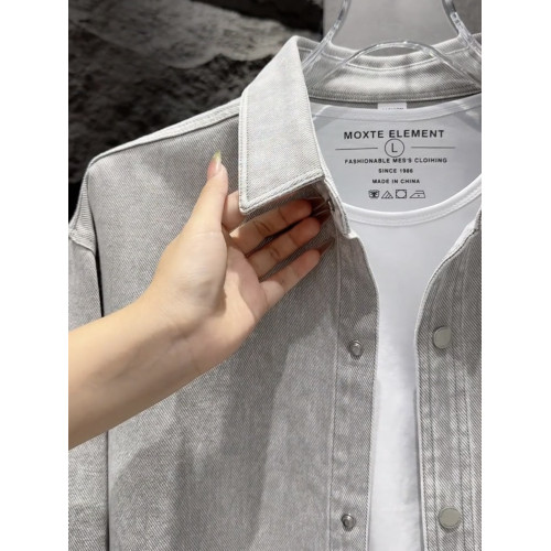 春秋新款做舊水洗繙領牛仔襯衫男士寬鬆高級潮牌痞帥夾克百搭外套