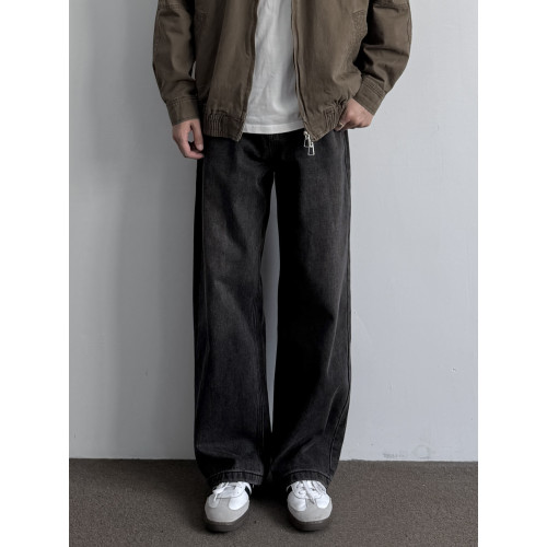 ONUN美式復古砂洗黑灰色做舊直筒牛仔褲寬鬆濶腿松弛感休閒長褲潮