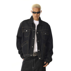 美式復古設計感原色牛仔外套寬鬆百搭正肩口袋cleanfit夾克上衣男