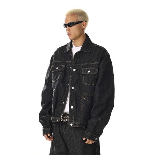 美式復古設計感原色牛仔外套寬鬆百搭正肩口袋cleanfit夾克上衣男