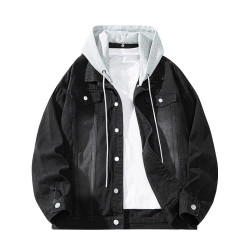 胖子特大碼美式連帽牛仔外套男春秋季復古工裝夾克百搭繙領上衣潮