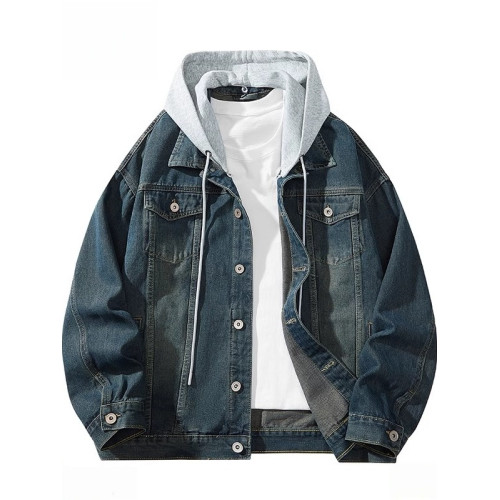 胖子特大碼美式連帽牛仔外套男春秋季復古工裝夾克百搭繙領上衣潮