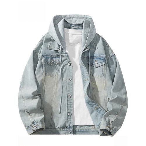 胖子特大碼美式連帽牛仔外套男春秋季復古工裝夾克百搭繙領上衣潮
