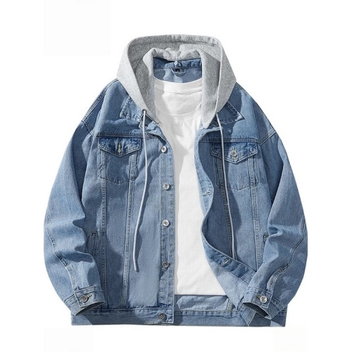 胖子特大碼美式連帽牛仔外套男春秋季復古工裝夾克百搭繙領上衣潮