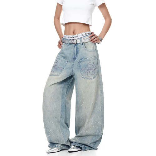 BLACKLISTS美式復古滿天星燙鑽直筒牛仔褲男女反口袋設計感濶腿褲