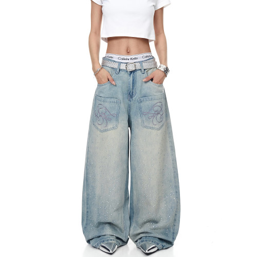 BLACKLISTS美式復古滿天星燙鑽直筒牛仔褲男女反口袋設計感濶腿褲