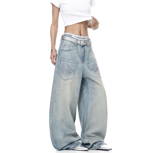 BLACKLISTS美式復古滿天星燙鑽直筒牛仔褲男女反口袋設計感濶腿褲