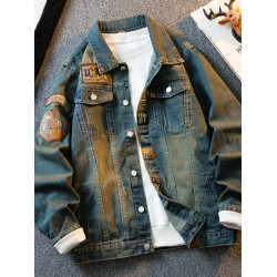 HPCP徽章貼布刺綉牛仔外套男春秋潮牌痞帥街頭繙領復古牛仔衣夾克