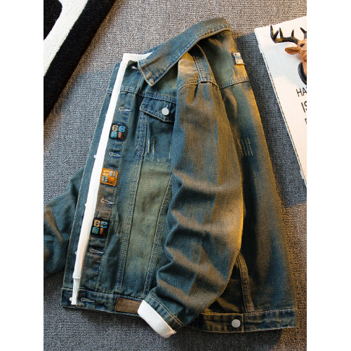 HPCP徽章貼布刺綉牛仔外套男春秋潮牌痞帥街頭繙領復古牛仔衣夾克