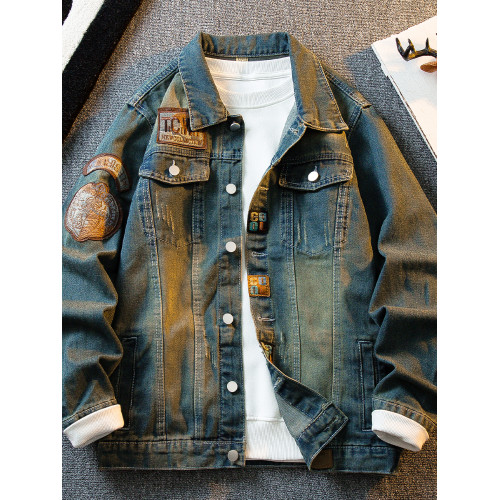 HPCP徽章貼布刺綉牛仔外套男春秋潮牌痞帥街頭繙領復古牛仔衣夾克