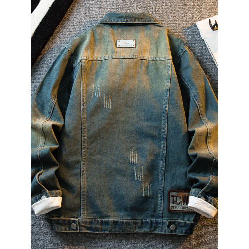 HPCP徽章貼布刺綉牛仔外套男春秋潮牌痞帥街頭繙領復古牛仔衣夾克