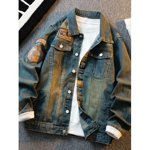 HPCP徽章貼布刺綉牛仔外套男春秋潮牌痞帥街頭繙領復古牛仔衣夾克