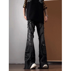 美式高街vibe牛仔褲男款黑色水洗解搆小衆設計感褲子痞帥微喇長褲