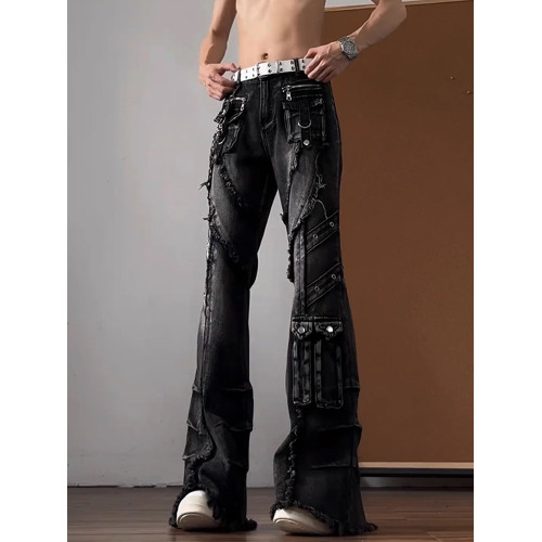 美式高街vibe牛仔褲男款黑色水洗解搆小衆設計感褲子痞帥微喇長褲