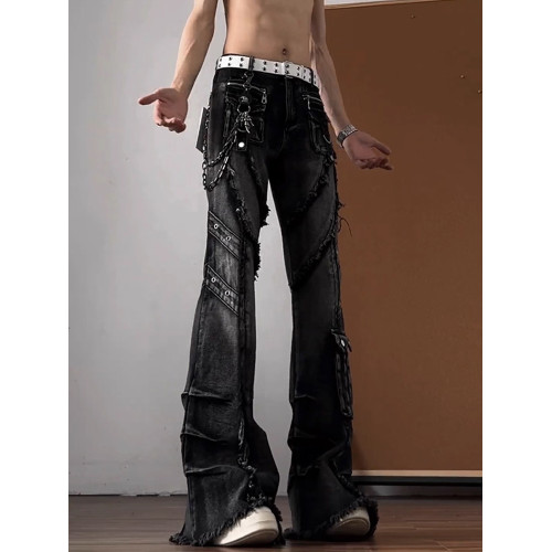 美式高街vibe牛仔褲男款黑色水洗解搆小衆設計感褲子痞帥微喇長褲