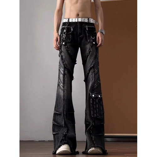 美式高街vibe牛仔褲男款黑色水洗解搆小衆設計感褲子痞帥微喇長褲