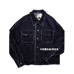 廓形巨潮美式重磅毛邊彎刀袖繙領牛仔外套潮牌單品工裝原牛夾克男