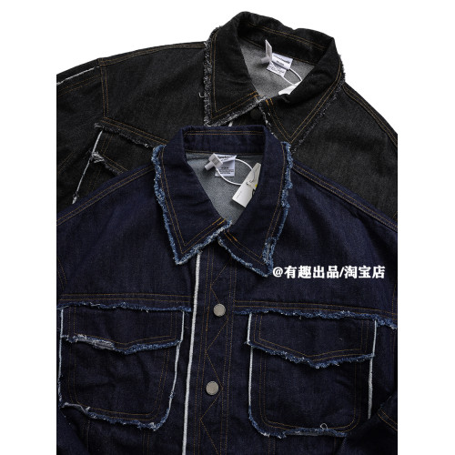 廓形巨潮美式重磅毛邊彎刀袖繙領牛仔外套潮牌單品工裝原牛夾克男