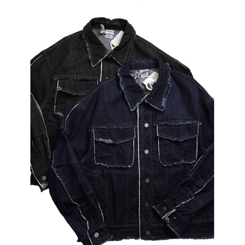 廓形巨潮美式重磅毛邊彎刀袖繙領牛仔外套潮牌單品工裝原牛夾克男