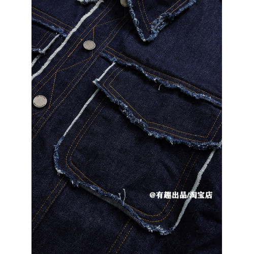 廓形巨潮美式重磅毛邊彎刀袖繙領牛仔外套潮牌單品工裝原牛夾克男