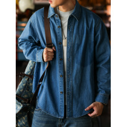 BGYO鹿起 美式休閒藍色牛仔襯衫男拆洗原色補丁口袋長袖繙領襯衣