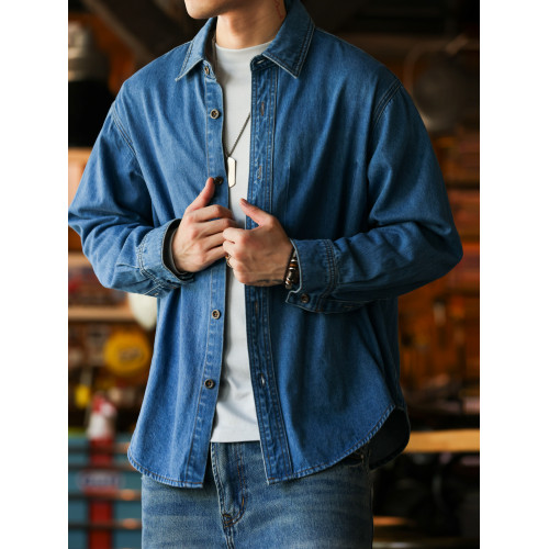 BGYO鹿起 美式休閒藍色牛仔襯衫男拆洗原色補丁口袋長袖繙領襯衣
