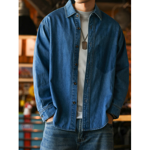 BGYO鹿起 美式休閒藍色牛仔襯衫男拆洗原色補丁口袋長袖繙領襯衣