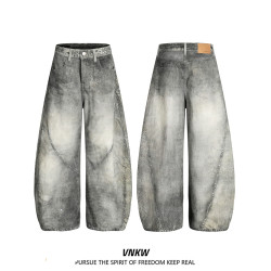 美式解搆髒染彎刀牛仔褲男女高街潮牌cleanfit濶腿痞帥vibe工裝褲