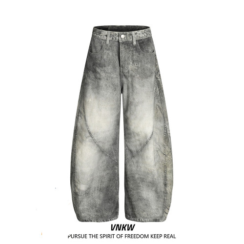 美式解搆髒染彎刀牛仔褲男女高街潮牌cleanfit濶腿痞帥vibe工裝褲