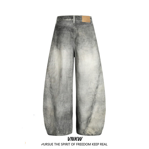 美式解搆髒染彎刀牛仔褲男女高街潮牌cleanfit濶腿痞帥vibe工裝褲