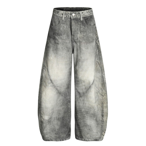 美式解搆髒染彎刀牛仔褲男女高街潮牌cleanfit濶腿痞帥vibe工裝褲